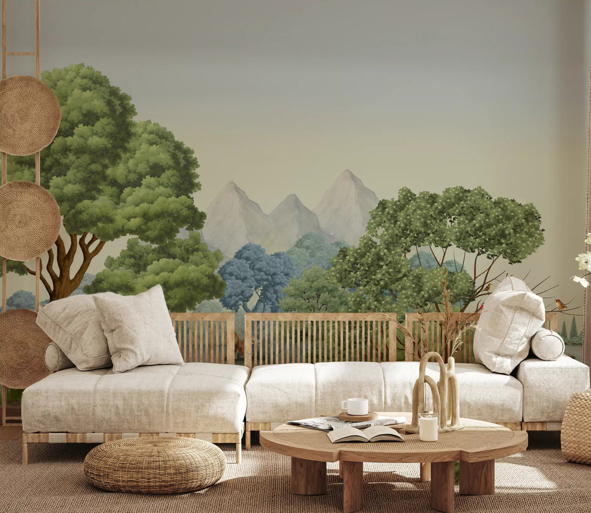 Calm living room styled with a Safari River Oasis wall mural showing elephants and flamingos by the water., GD10120