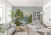 Tusked elephants lead the way past reeds in this safari wall mural near the river's edge.