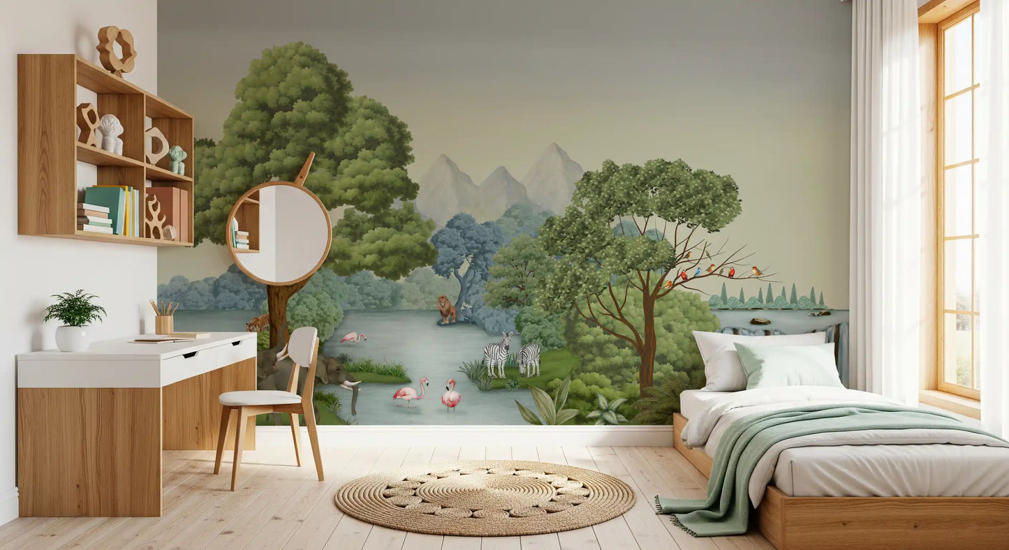 Kids bedroom anchored by a Safari River Oasis wall mural of elephants and flamingos.