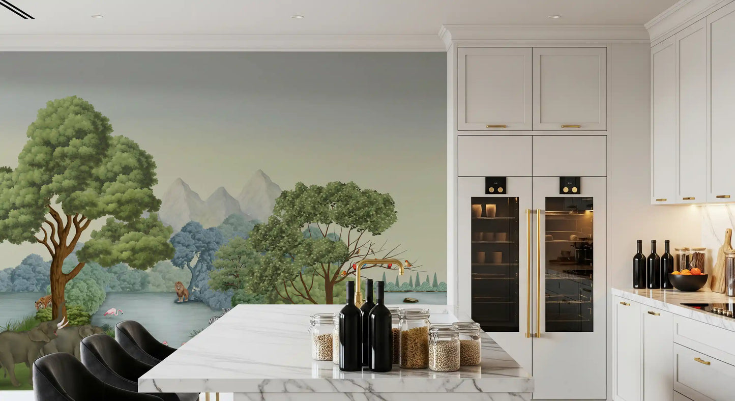Dining room calmed by a river oasis wall mural of misty peaks and grazing zebras.