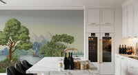 Dining room calmed by a river oasis wall mural of misty peaks and grazing zebras.