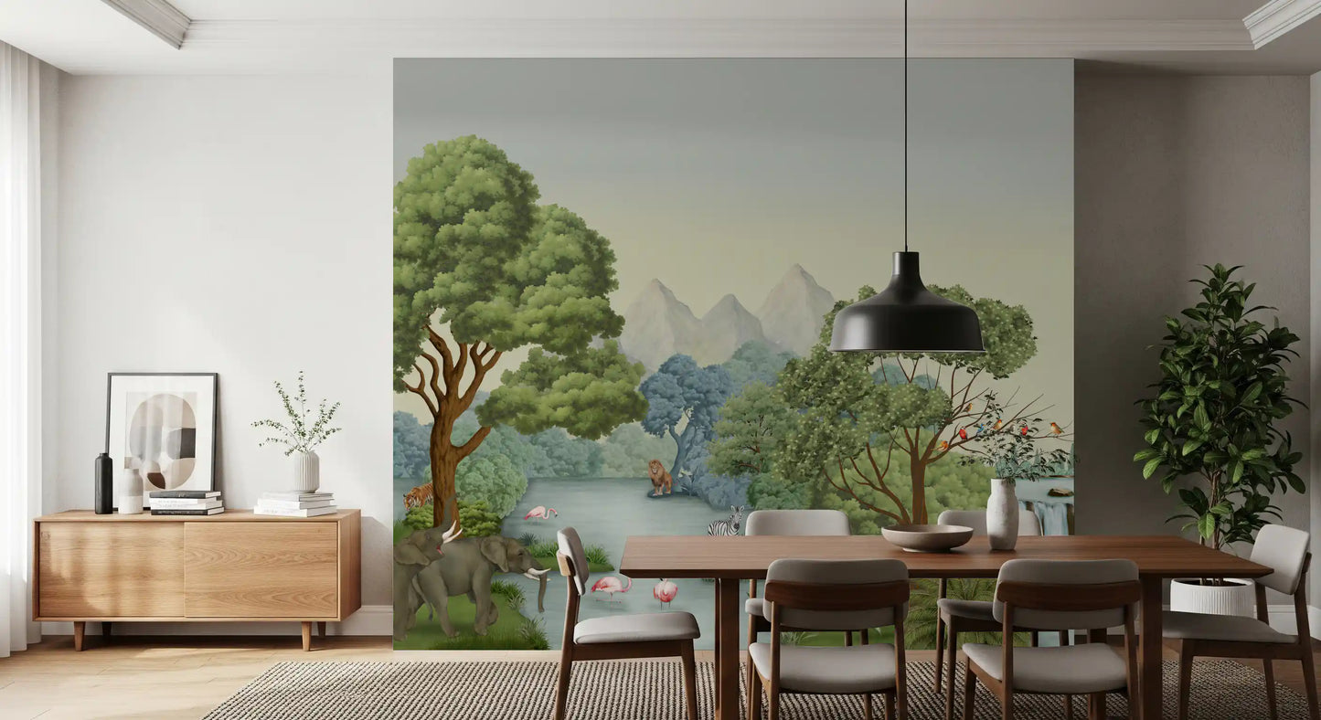 Misty grey mountains rise behind green canopies in the jungle wall mural's far distance.