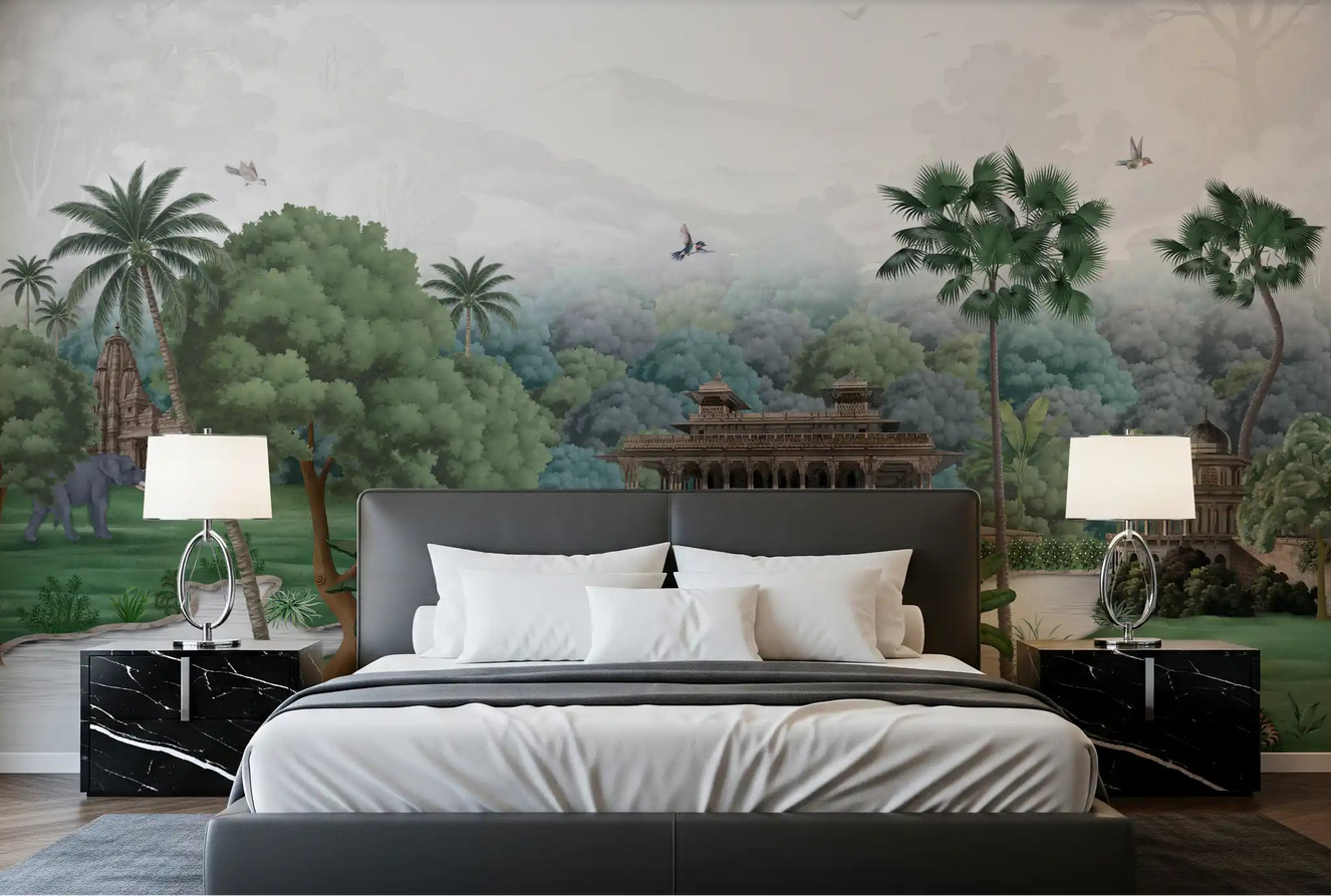 Green Emerald Jungle Palace Wall Mural for bedroom with river view.