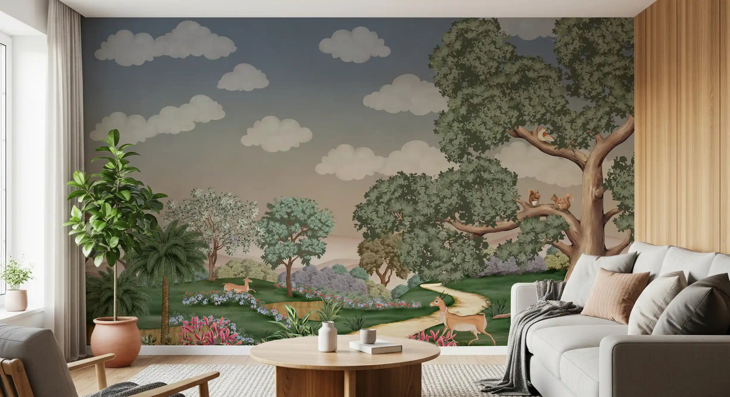 Woodland scene mural set on a living room wall showing enchanted forest path.