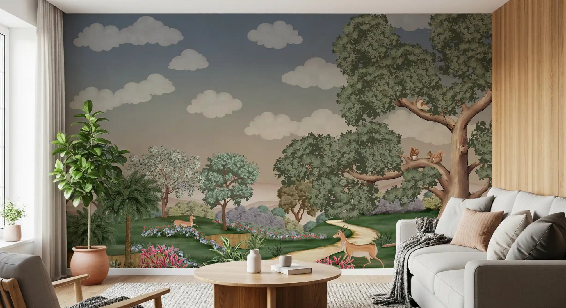 Woodland scene mural set on a living room wall showing enchanted forest path.