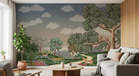 Woodland scene mural set on a living room wall showing enchanted forest path.