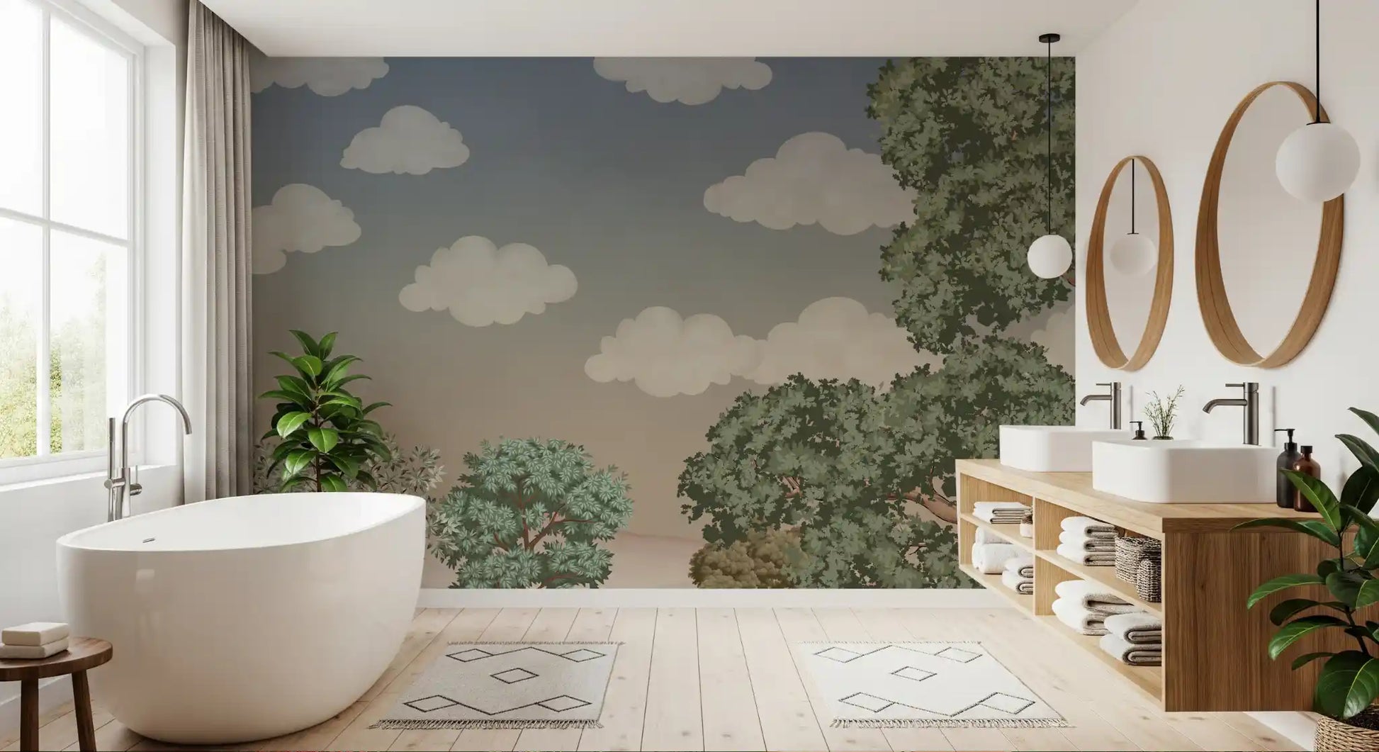 Lavender and pink flowering shrubs lining wall mural with winding forest trail.