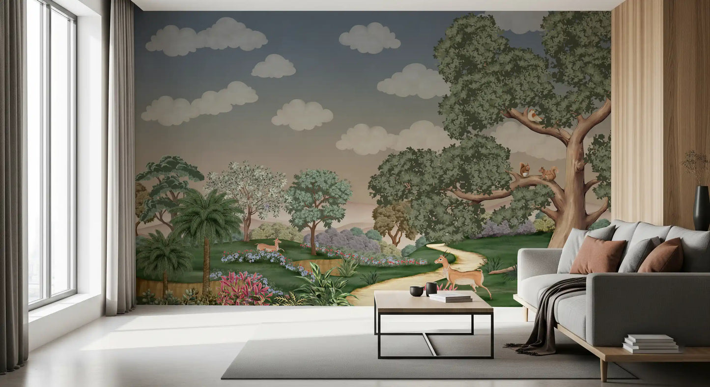 Tall oak tree wall mural with a small bird and a squirrel on its branches.