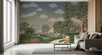 Tall oak tree wall mural with a small bird and a squirrel on its branches.