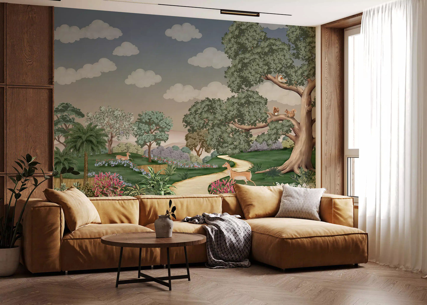Pastel sky wall mural with rounded clouds above a tree-lined forest path