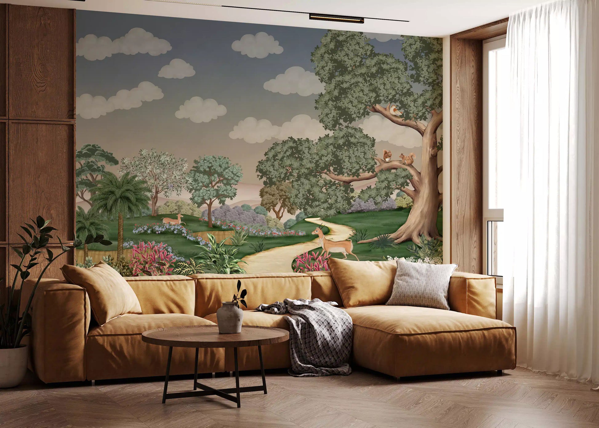 Pastel sky wall mural with rounded clouds above a tree-lined forest path