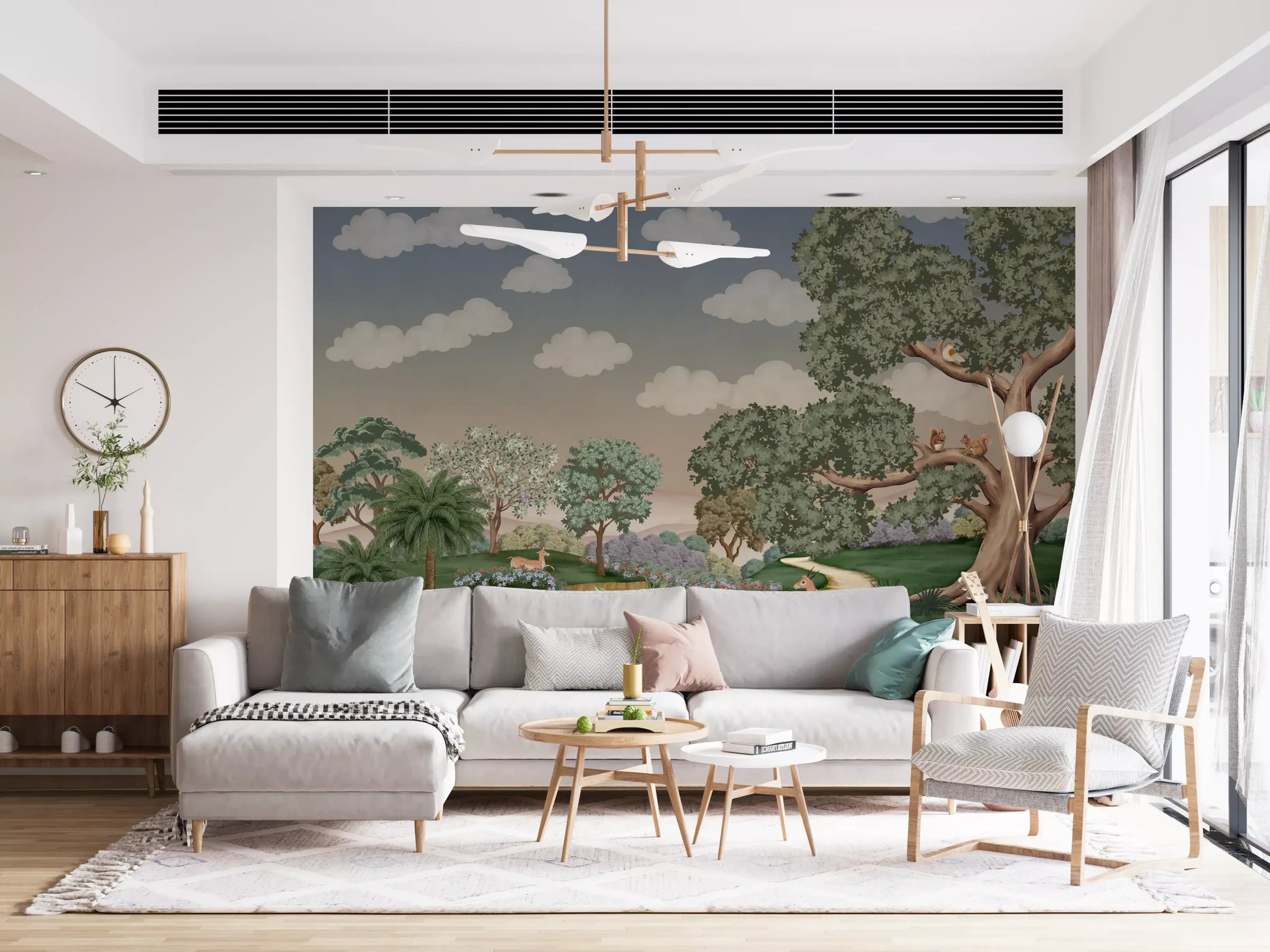 Illustrated forest path mural with green trees, grazing deer, and pastel clouds.