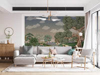 Illustrated forest path mural with green trees, grazing deer, and pastel clouds.