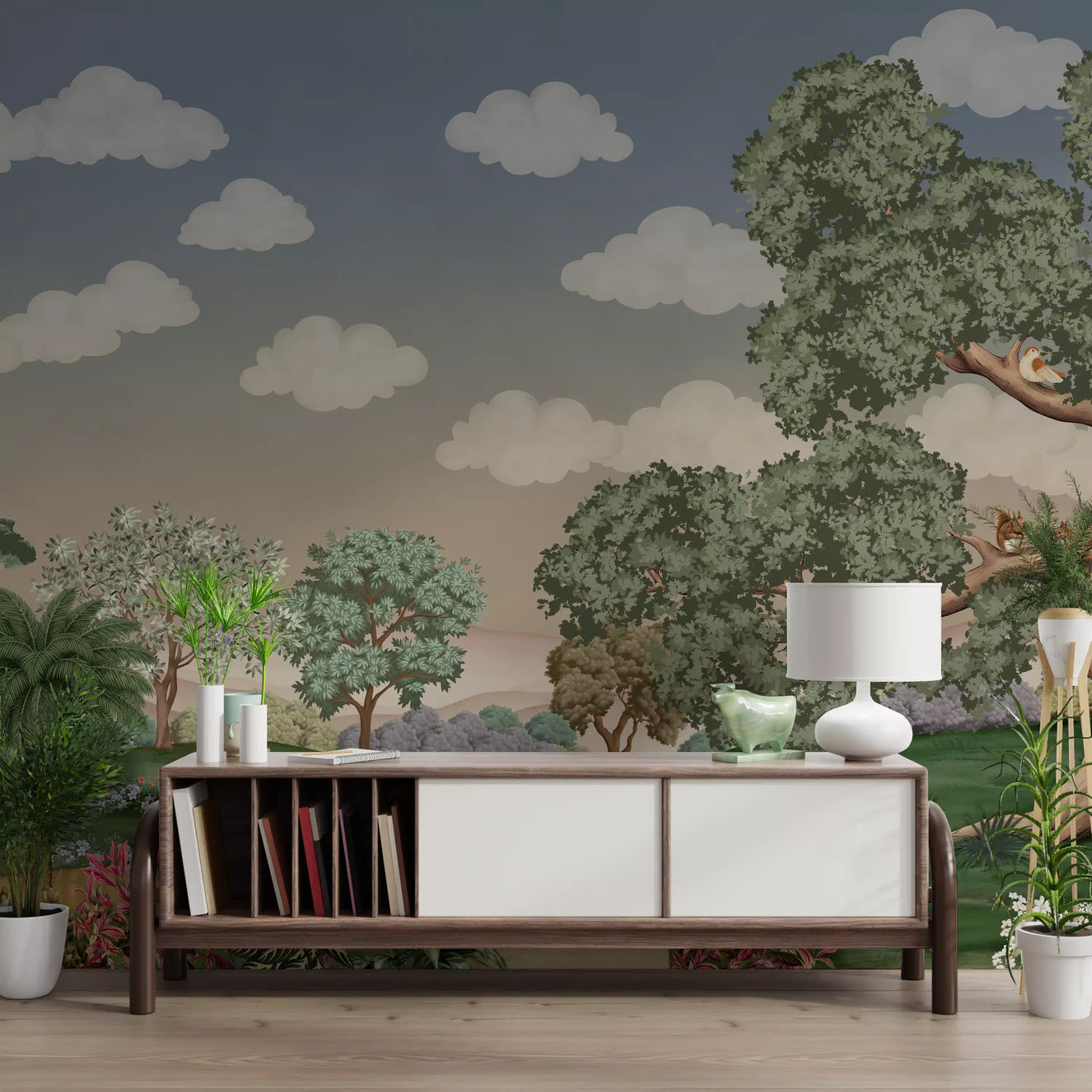 Forest path mural styled across a hallway wall with nature scene.