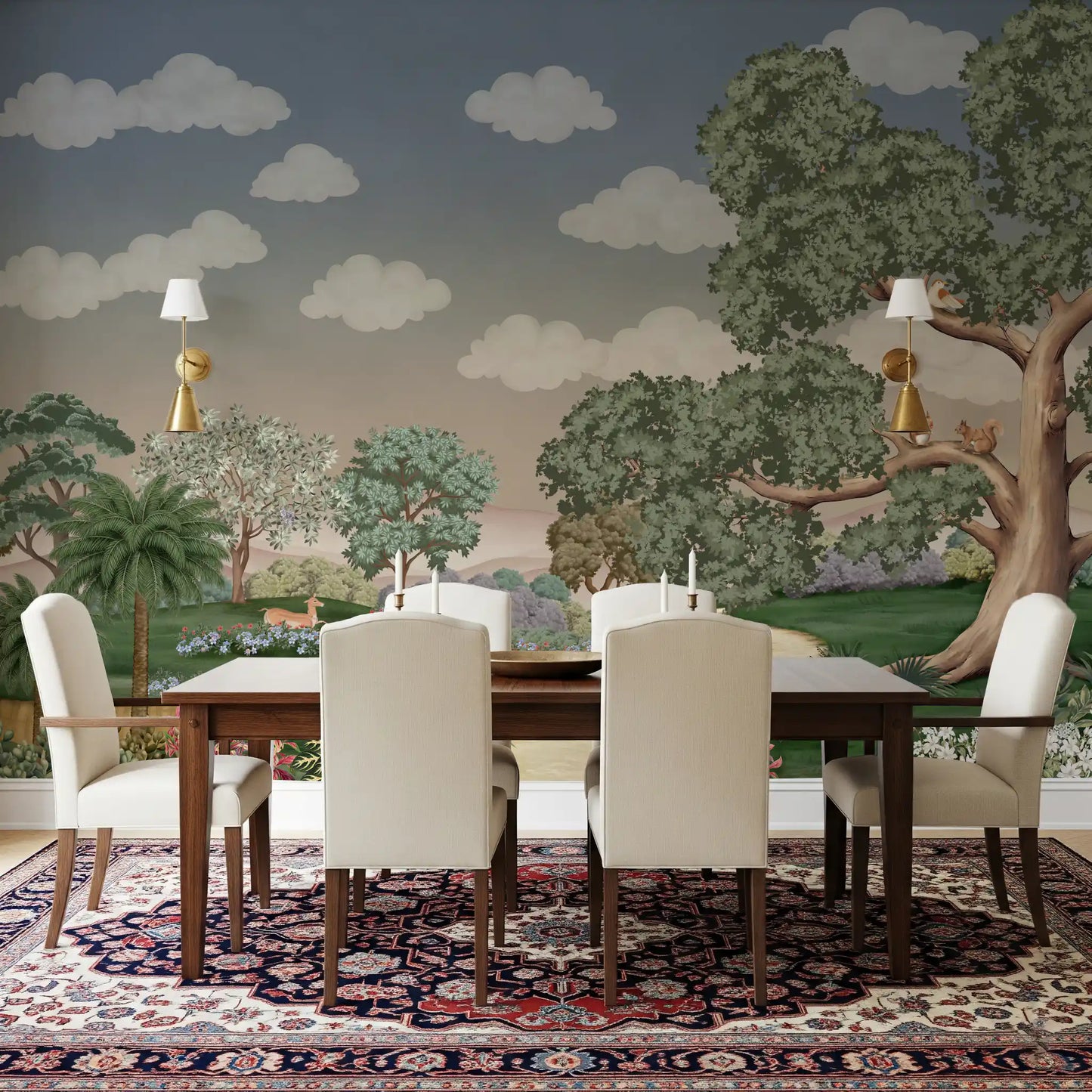 Muted woodland mural with deer, slender trees, and a grey-blue sky in dining room.