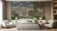 Layered green hills fading into a soft peach horizon mural for bedroom.