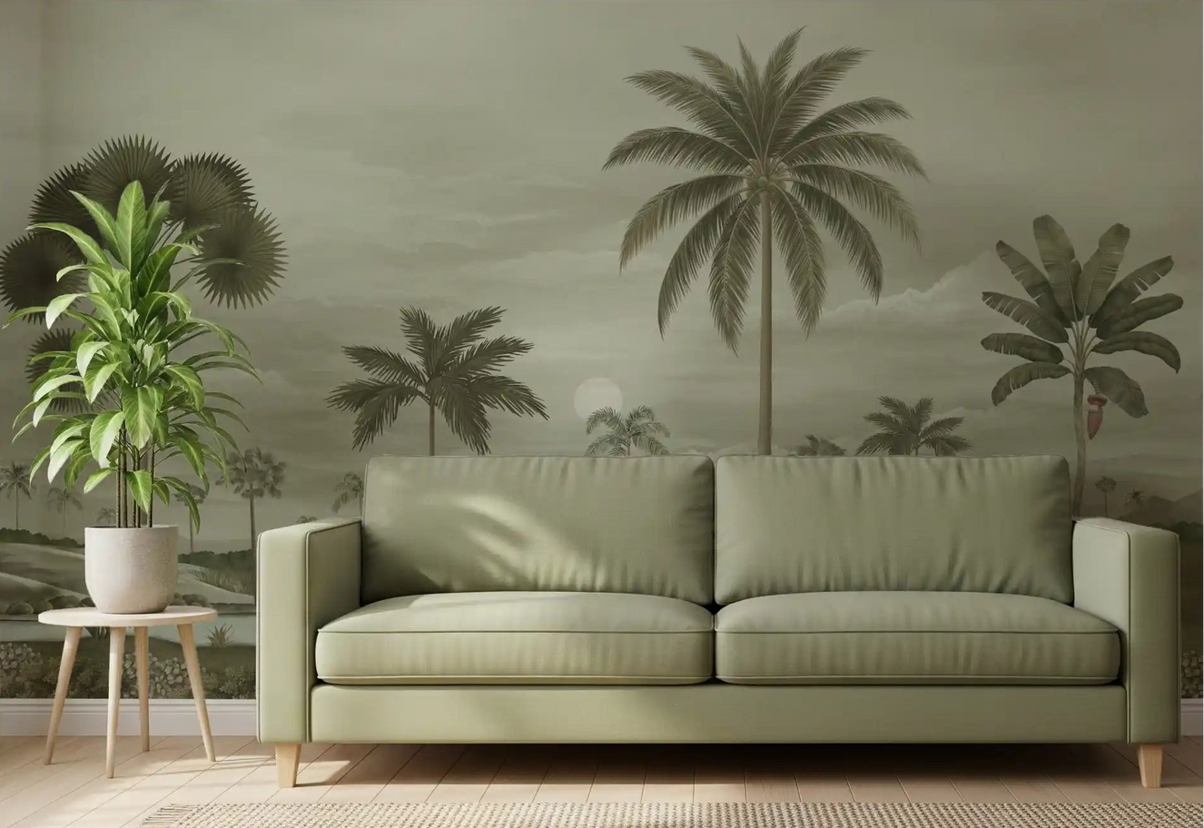 Living room wall covered with a muted tropical palm and riverbend mural.