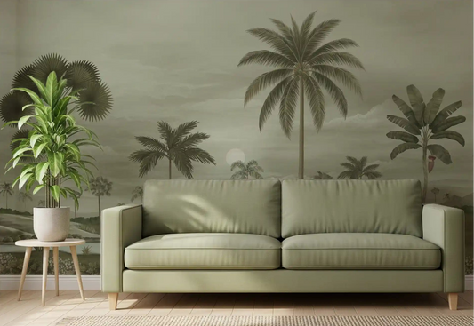 Living room wall covered with a muted tropical palm and riverbend mural.