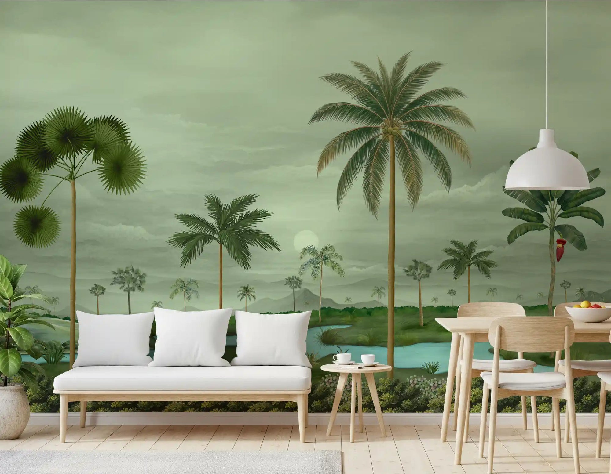 Palm landscape mural covering a living room wall in muted green tones., GD10124