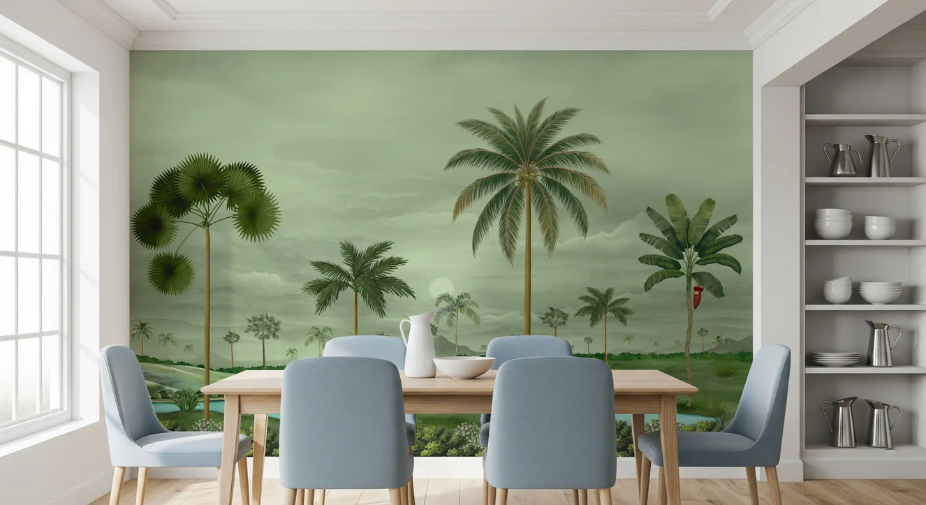 Tropical river mural styled as a dining room feature wall in soft green.