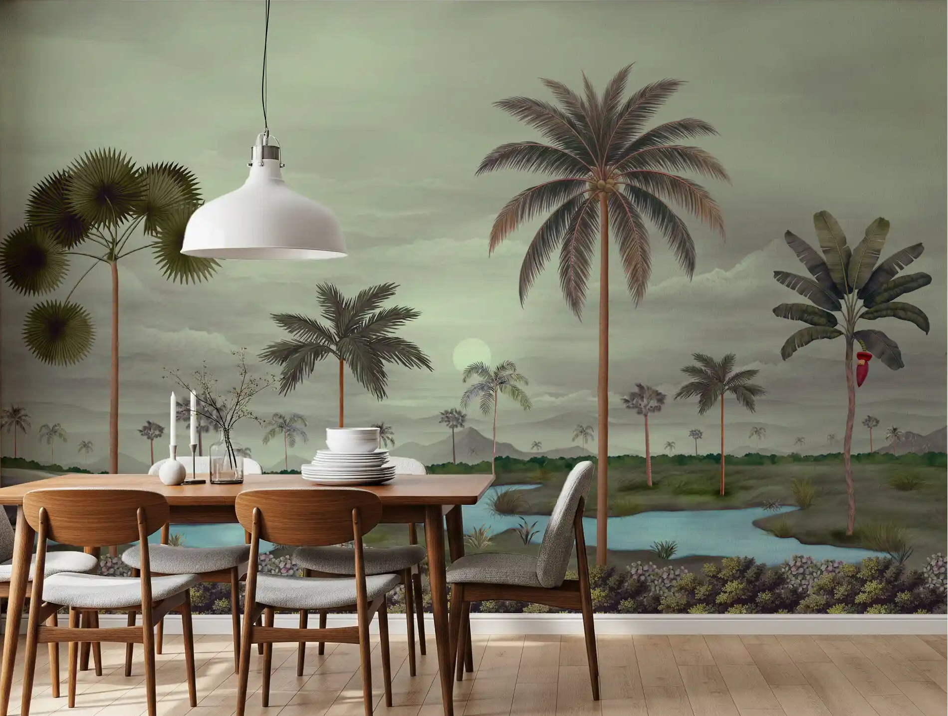 Green Tropical Serenity Riverbanks Wall Mural for dining room spaces., GD10125