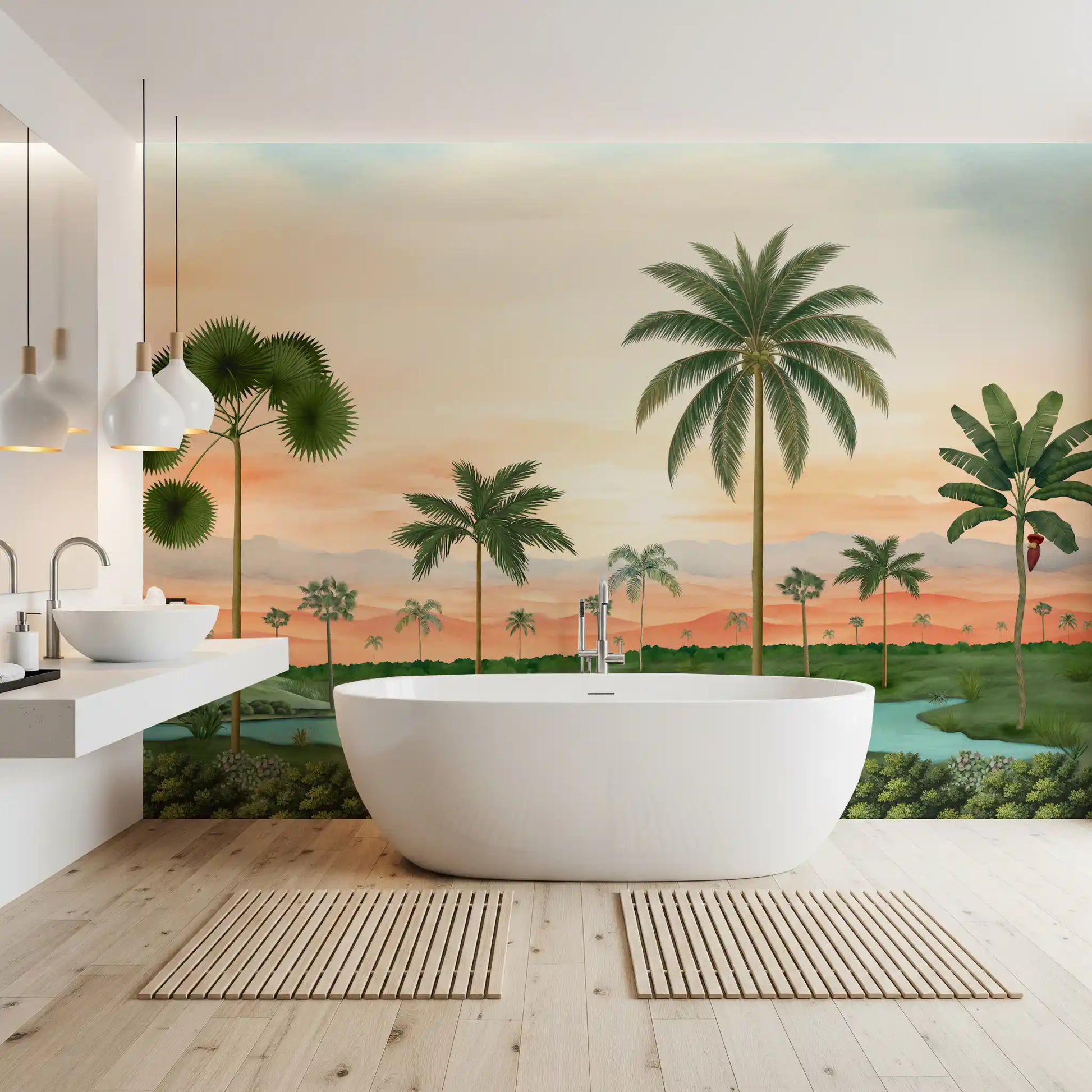 Distant palm groves and soft hills beneath a warm cream and peach horizon wall mural.

