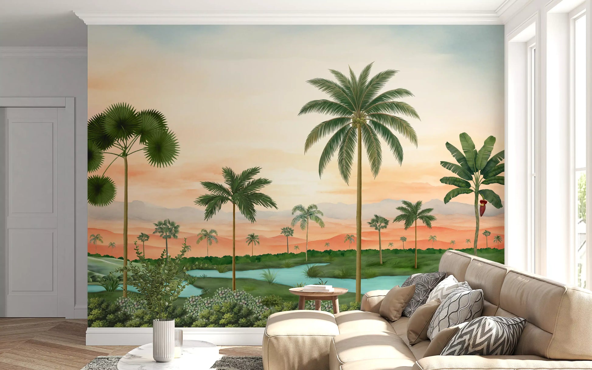 Hallway wall covered in a watercolour palm landscape mural with a turquoise river.
