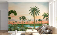 Hallway wall covered in a watercolour palm landscape mural with a turquoise river.
