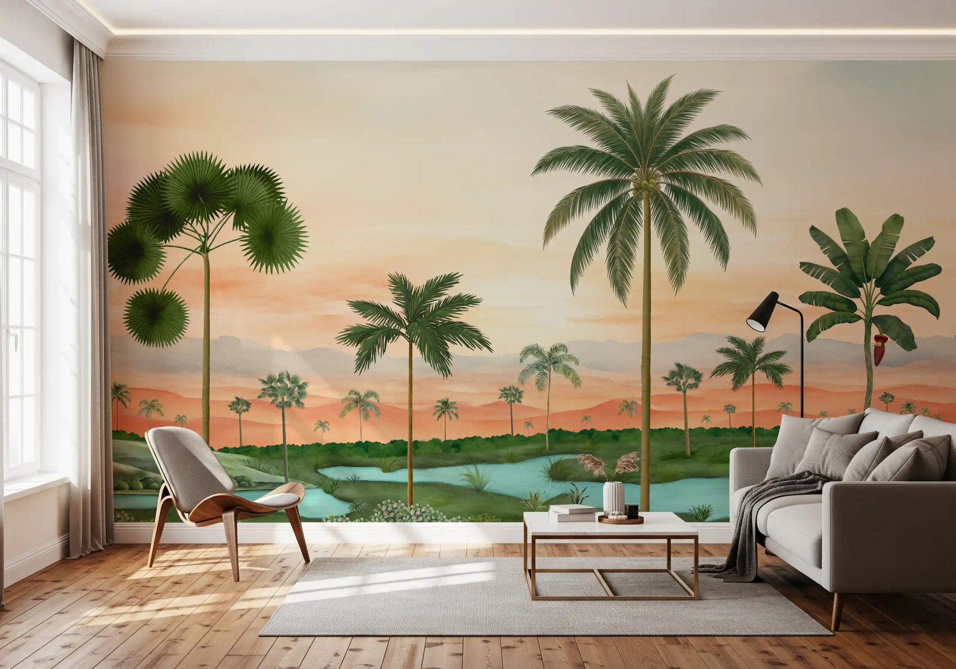 Wide panoramic tropical wall mural with palms, river and muted sunset tones in living room.
