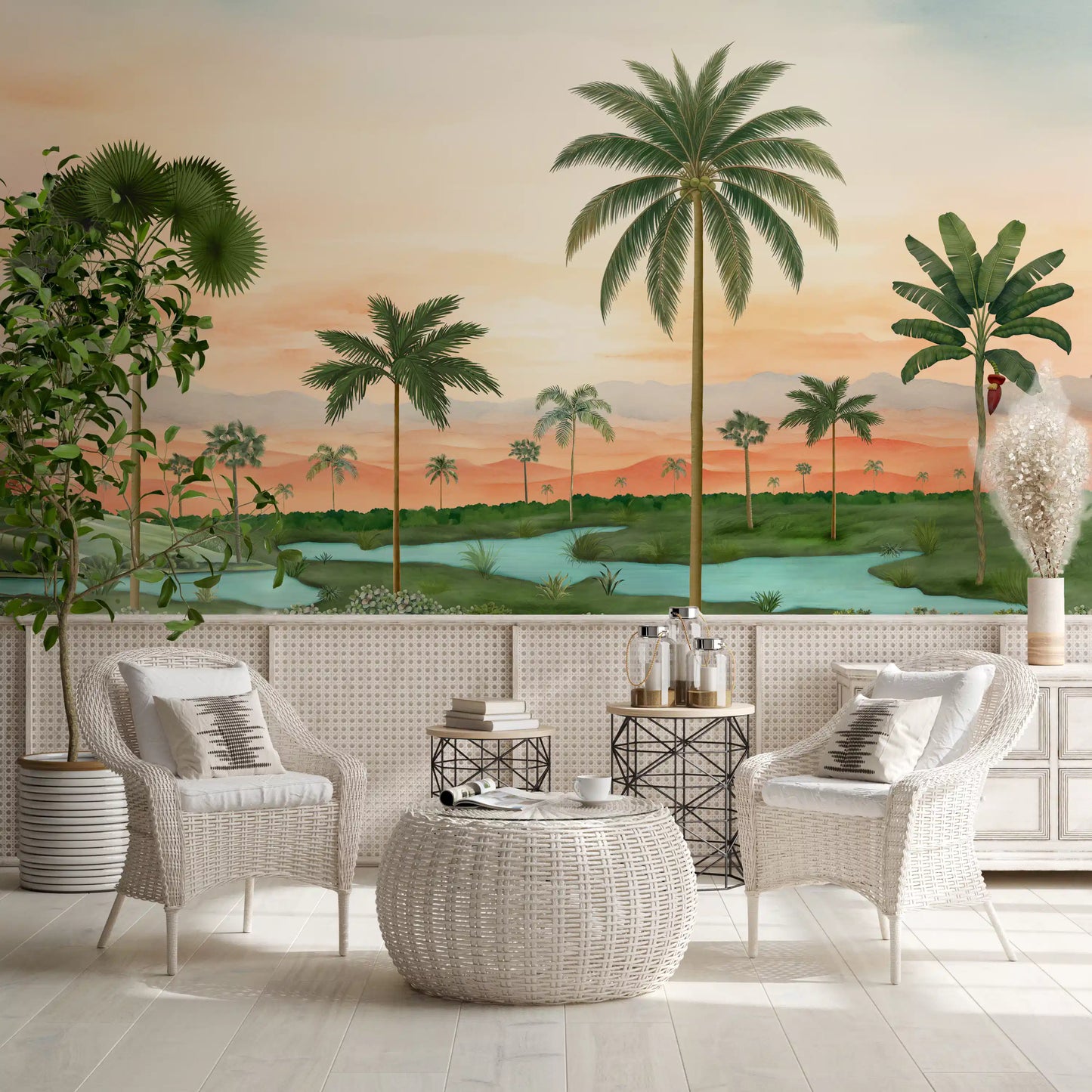 Slender banana plant and palm fronds wall mural with a quiet aqua-blue waterway.
