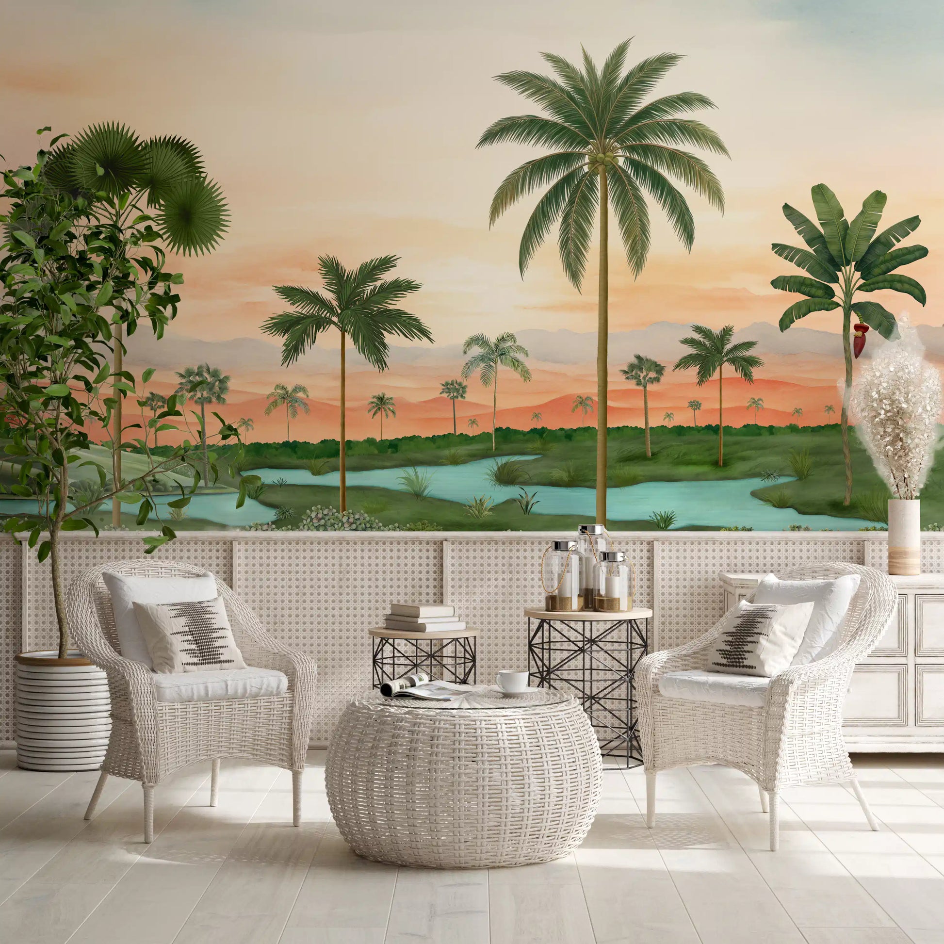 Slender banana plant and palm fronds wall mural with a quiet aqua-blue waterway.
