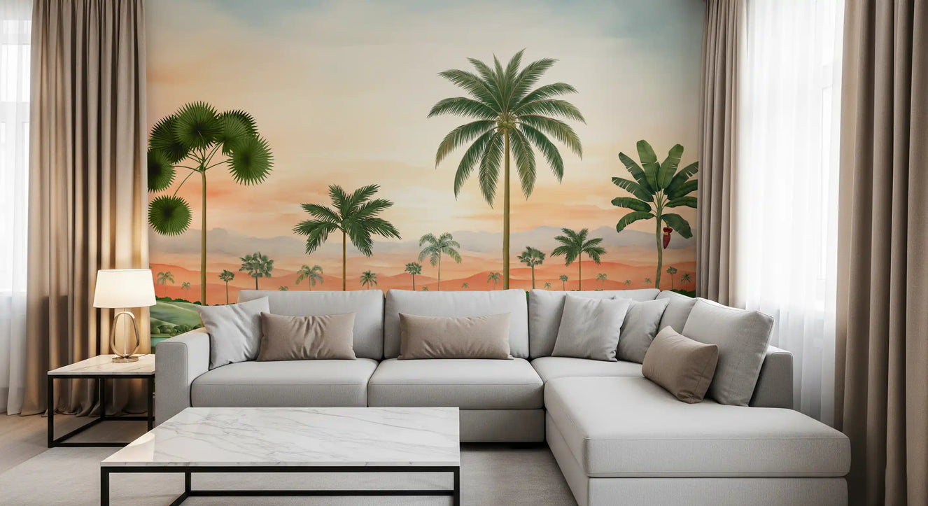 Coconut and fan palms wal mural with a calm lagoon under a soft peach sunset sky.
