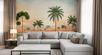 Coconut and fan palms wal mural with a calm lagoon under a soft peach sunset sky.
