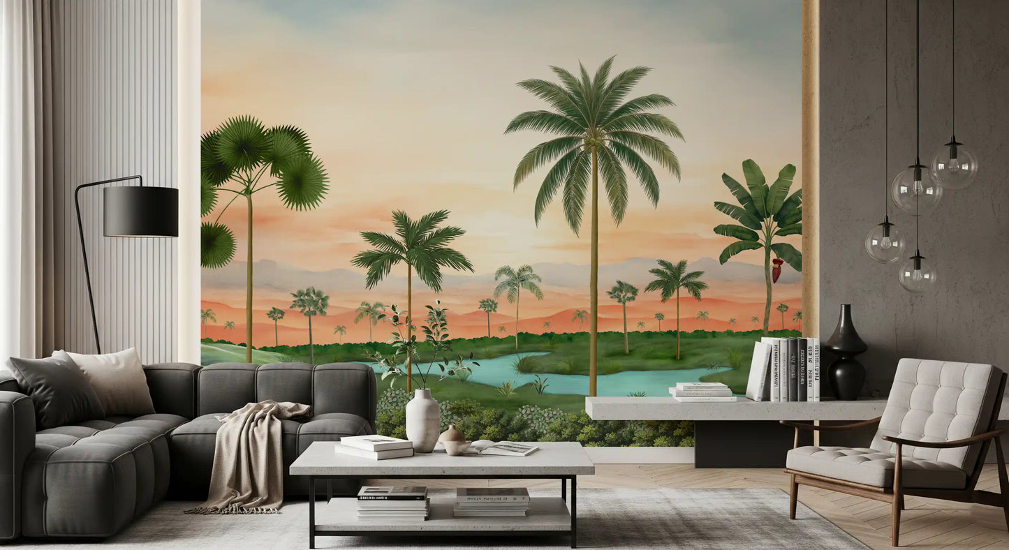 Detailed watercolour foliage and palm trunks mural showing a pastel sky backdrop.