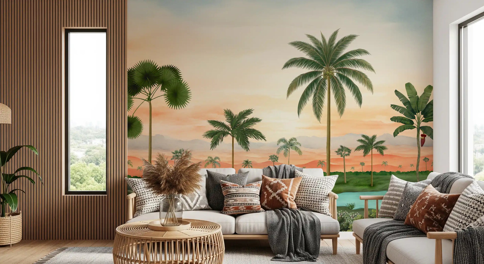 Living room wall featuring a wide tropical river mural with palm trees.