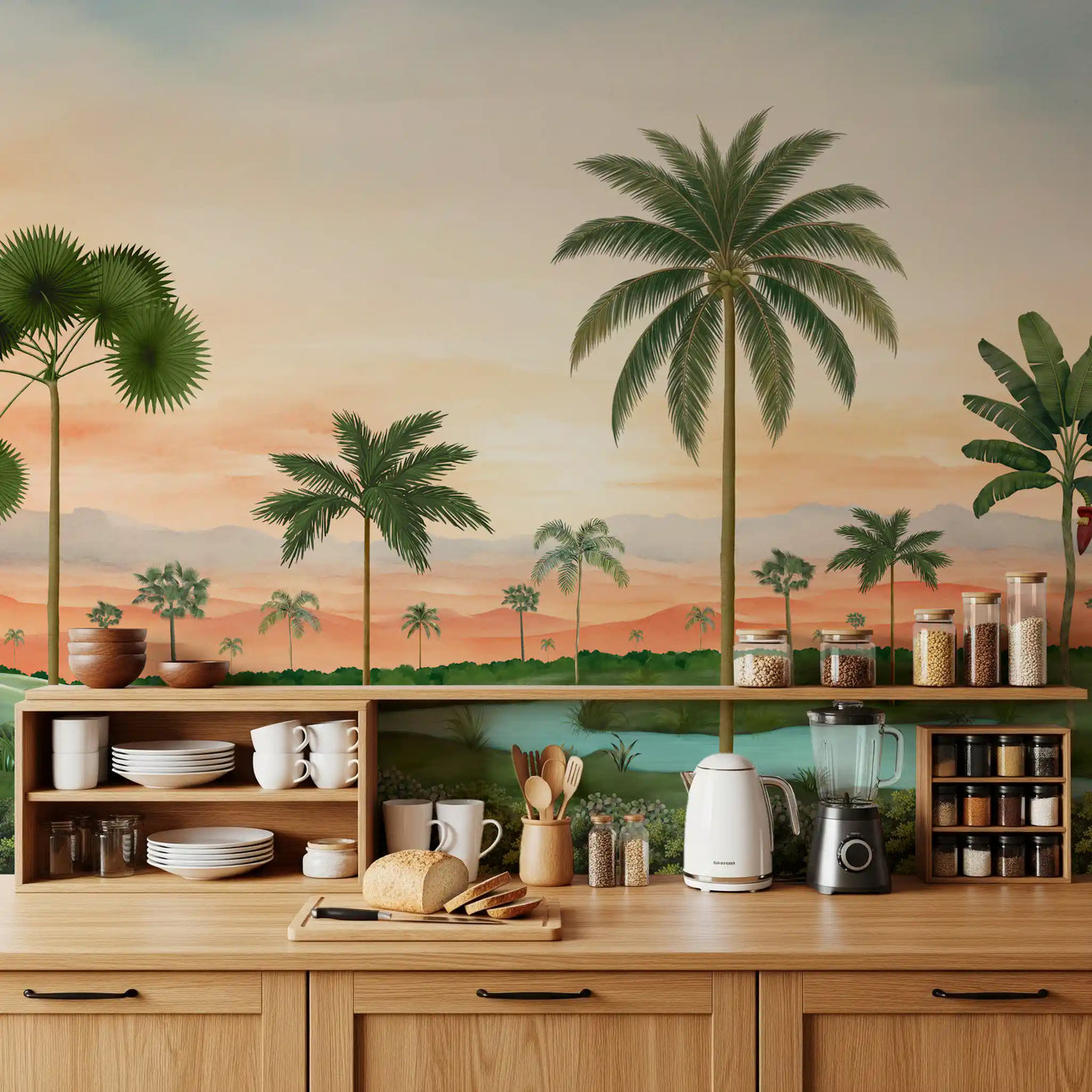 Watercolour tropical mural with tall palm trees beside a winding turquoise river in kitchen.
