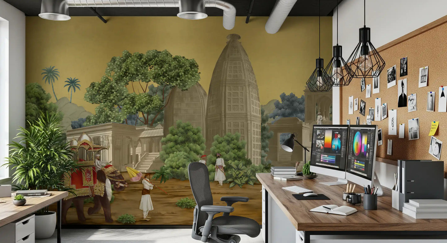 Vintage miniature painting style wall mural displaying a ceremonial parade in study room.