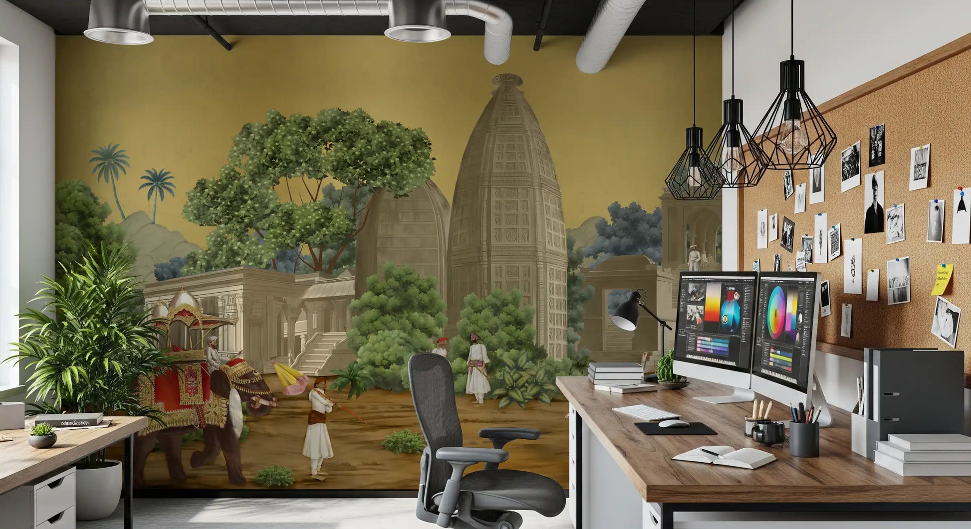 Vintage miniature painting style wall mural displaying a ceremonial parade in study room.