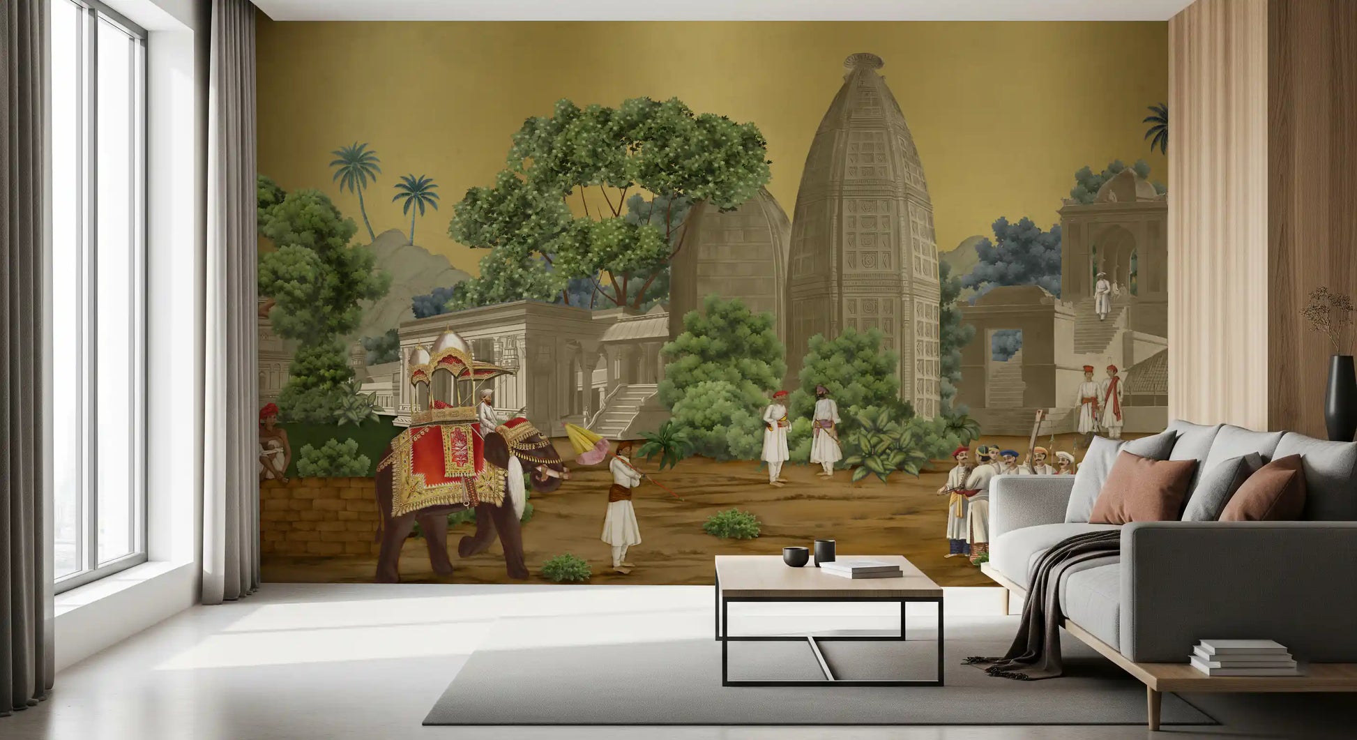 Gold backdrop wall mural featuring ancient stone temples and green trees.