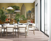 Heritage theme botanical wall mural with palm trees for dining spaces.
