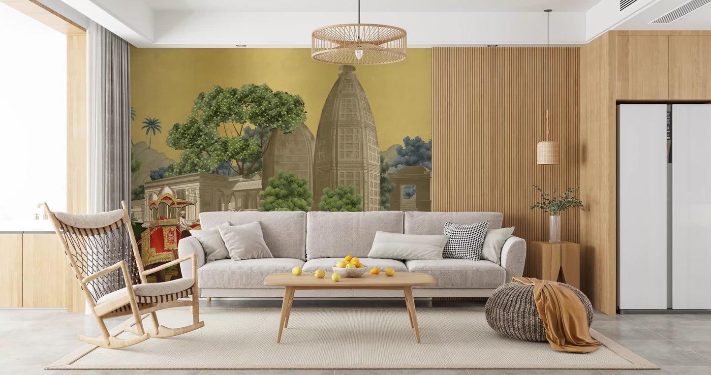 Ochre and brown traditional wall mural design for spacious living room interiors.
