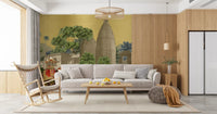 Ochre and brown traditional wall mural design for spacious living room interiors.