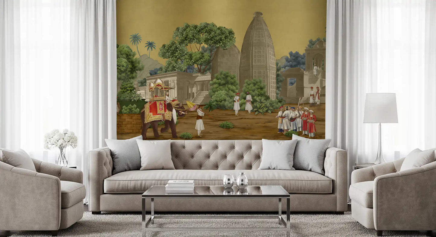 Detailed Palace Procession Wall Mural with gold backdrop and figures.