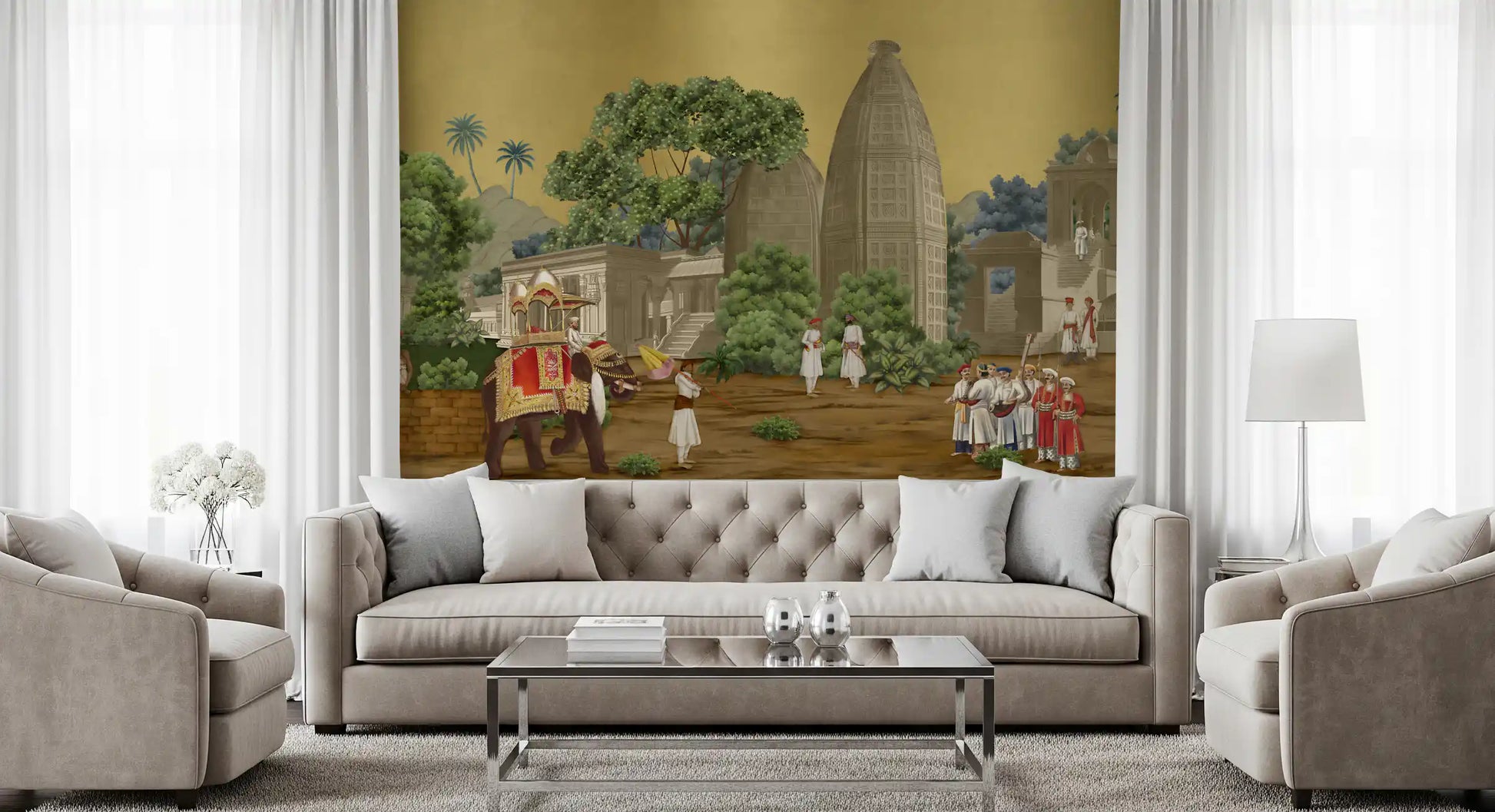 Detailed Palace Procession Wall Mural with gold backdrop and figures.