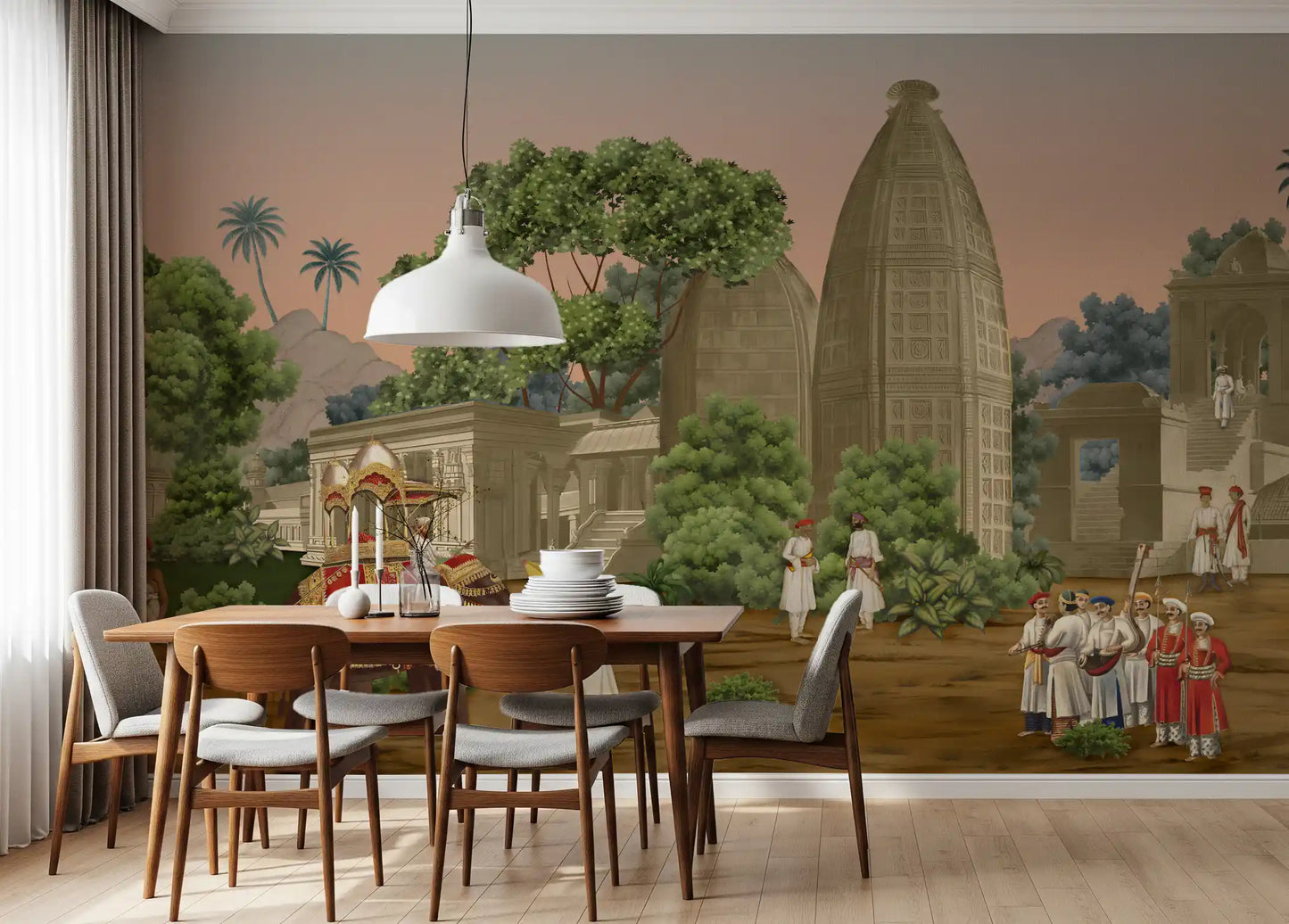Heritage themed wall mural showing an elephant with a golden canopy in an dining area.
