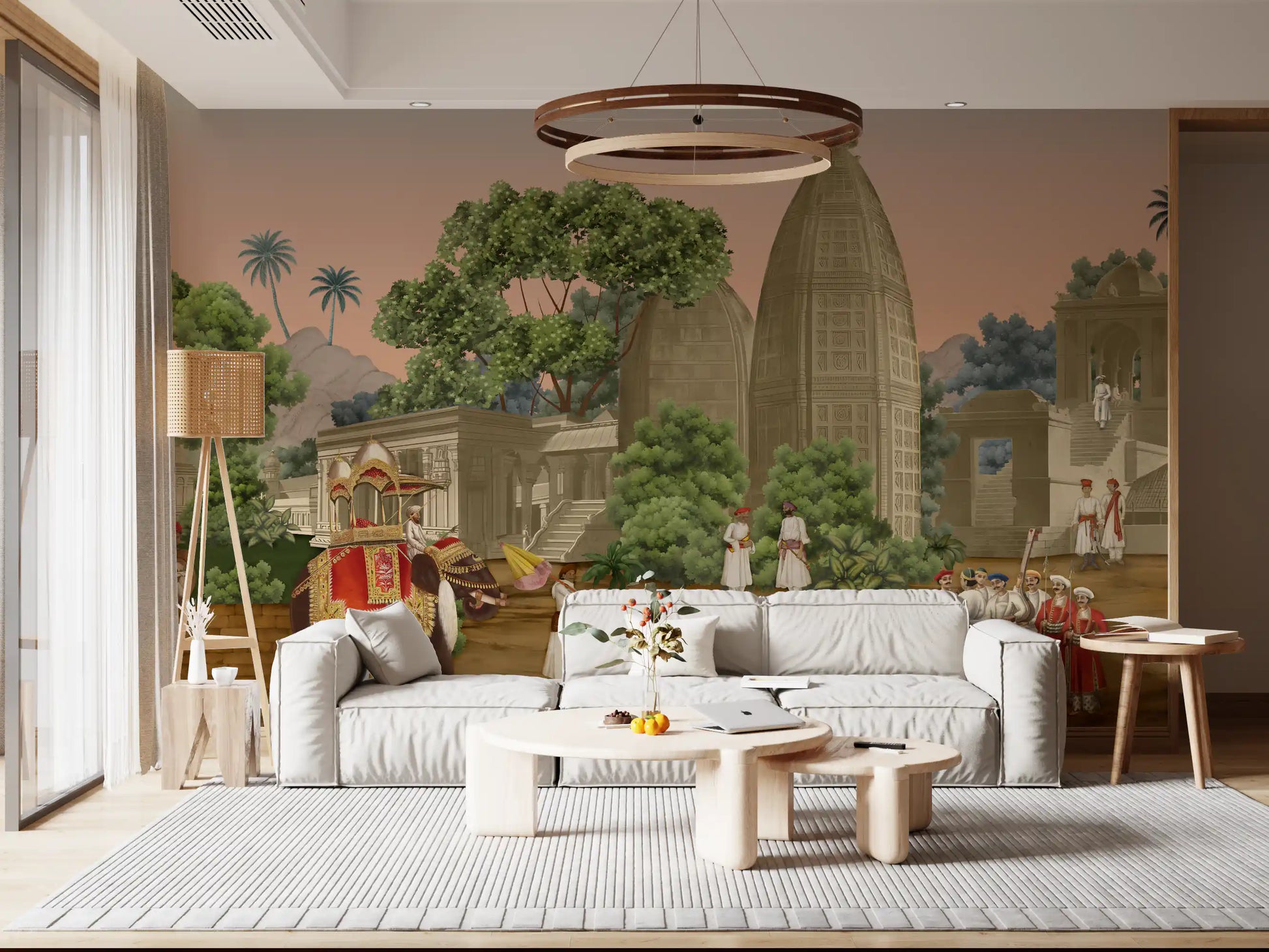 Green palm trees and ancient buildings on a muted red hued wall mural.
