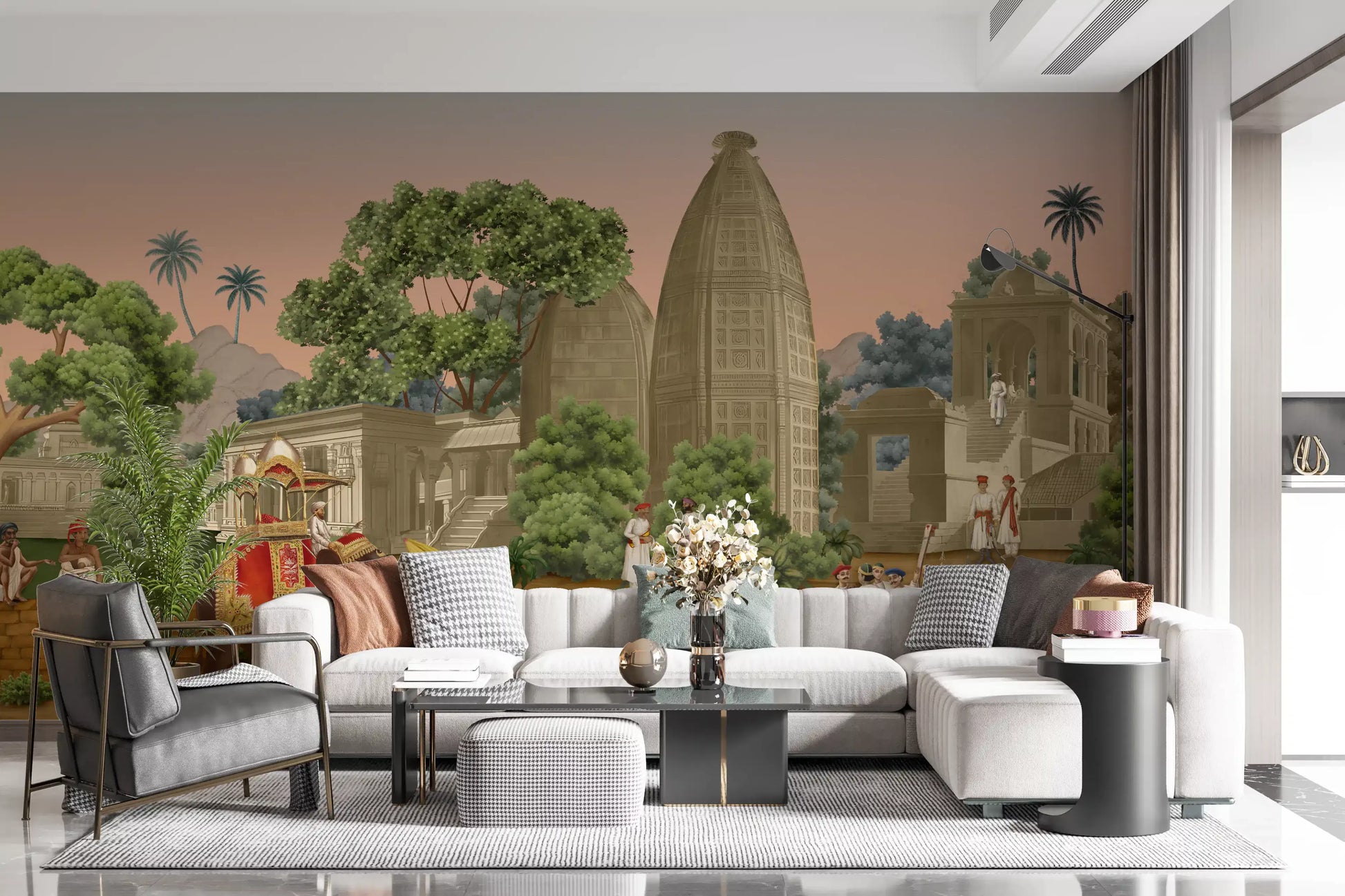 Ethnic design wall mural showcasing traditional clothing and historic settings.