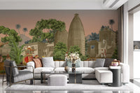 Ethnic design wall mural showcasing traditional clothing and historic settings.