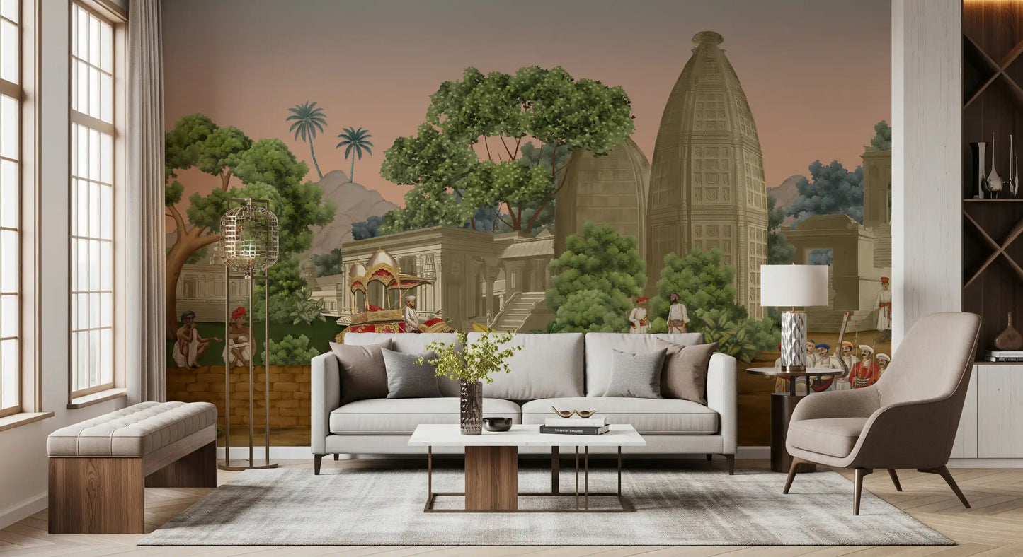 Terracotta tones and beige temple structures define this heritage wall mural.
