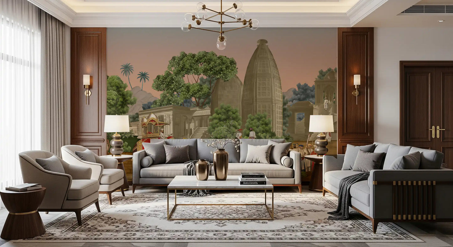 Terracotta colored background with green trees on a detailed wall mural.